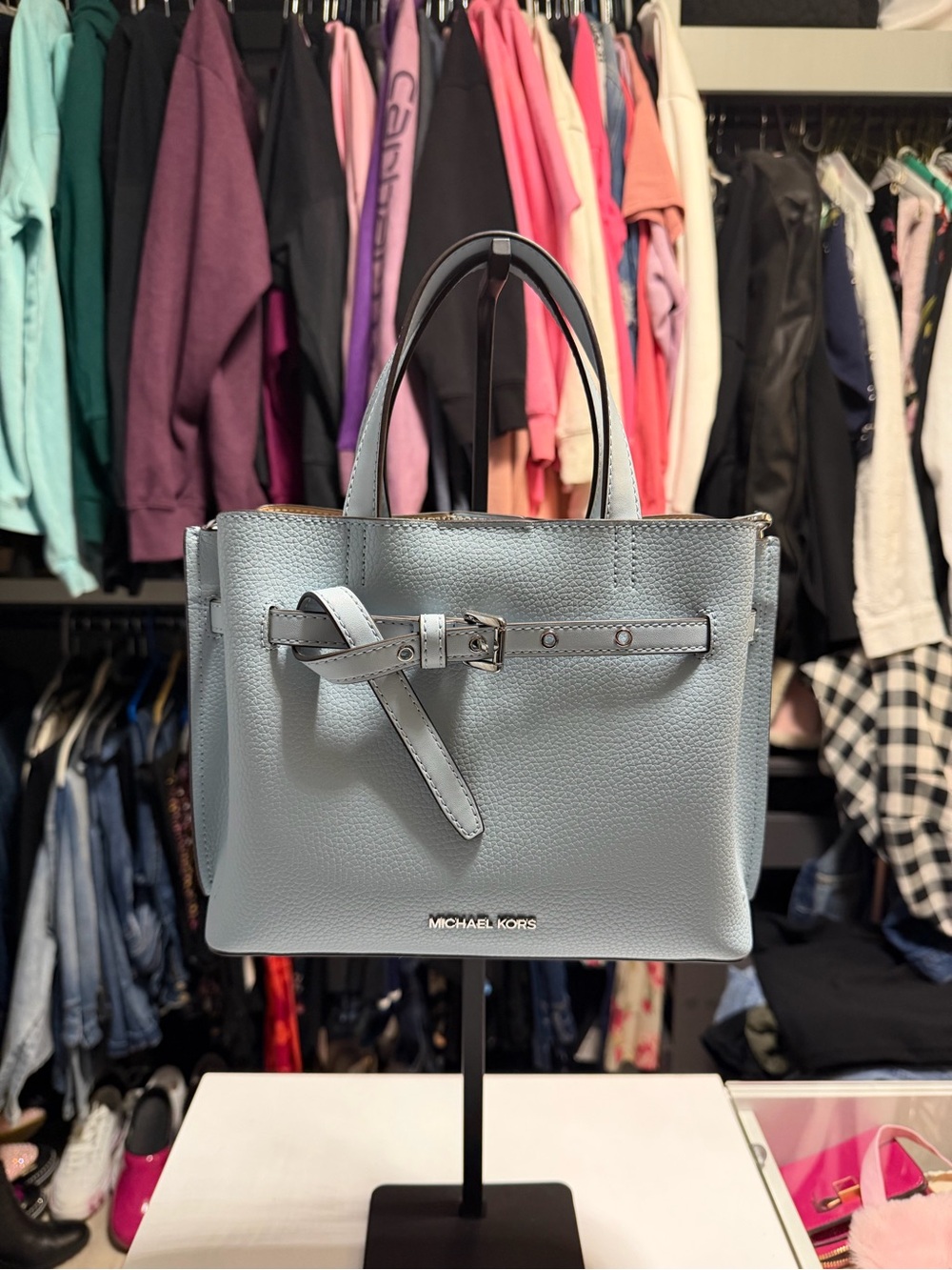 Michael Kors Pale Blue Leather Satchel with Belt Detail